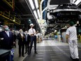 Prime Minister Justin Trudeau and Ontario Premier Doug Ford visit the production facilities of Honda Canada Manufacturing in Alliston, Ont., with Francois-Philippe Champagne, Canada's Minister of Innovation, Science and Industry.