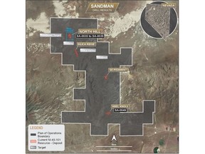 Sandman location map showing 2021 mineral resources and targets.  Drill holes returned at North Hill for SA-0035 to SA-0039 are labelled.