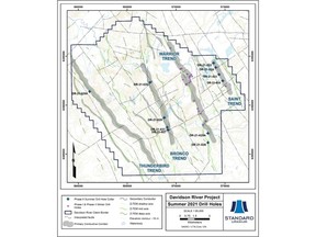 Plan map highlighting summer Phase II 2021 drill holes warranting follow-up at Davidson River.