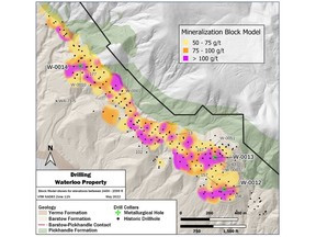 Map illustrating location of metallurgical test holes relative to historic drilling. Select historic holes labeled  for reference.