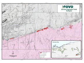 Location Map showing mapped pegmatite bodies (red polygons), contact of the Kurrana Granitic Complex (pink polygon) and granted Novo tenements in the western sector of the Kurrana Pegmatite Trend, over regional topography image.