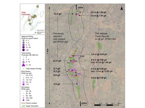 Figure 1: Tróia target plan map with high-grade Trado® and rock samples highlighted.