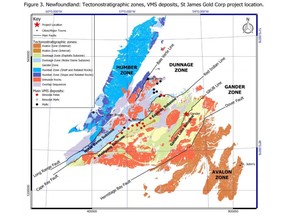 Newfoundland: Tectonostratigraphic zones, VMS deposits, St James Gold Corp project location.