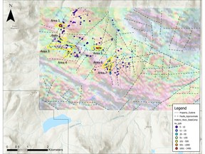 Compilation of 1980s structural and rock sample (grab and float) data overlying 2021 airborne vertical magnetic survey (25m). The 2021 airborne geophysical survey aided in defining and extending previously mapped structural features from the 1980s. A close association was observed between the elevated gold grades and structural features.