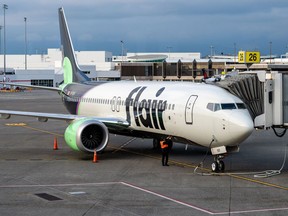 A Flair Airlines aircraft prepares to depart from Vancouver International Airport in March.