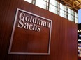 The logo for Goldman Sachs is seen on the trading floor at the New York Stock Exchange.