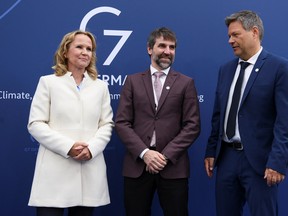 Environment Minister Steven Guilbeault, centre, with Germany's Minister for the Environment, Nature Conservation, Nuclear Safety and Consumer Protection Steffi Lemke and Minister for Economic Affairs and Climate Action Robert Habeck in Berlin, Germany.