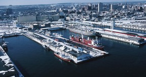 An aerial view of docks at port of Halifax, Nova Scotia, Canada. Halifax ranked 46th among world ports.