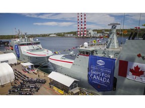 HMCS Margaret Brooke and HMCS Max Bernays seen at Halifax Shipyard for the official Naming Ceremony of both vessels.