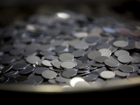 Pre-pressed coins at the Royal Canadian Mint in Winnipeg.