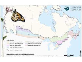 CWF's new mowing maps provide the ideal spring and fall safe dates, before and after which roadside habitat in Canada can be mowed without risk of directly harming migratory Monarch butterflies.