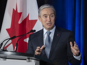 Francois-Philippe Champagne, Canada's minister of Innovation, Science and Industry, delivers remarks at a news conference in Halifax on Nov. 19, 2021.
