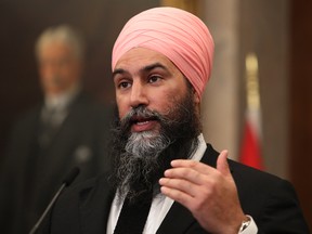 NDP leader Jagmeet Singh speaks during a news conference following the tabling of the federal budget in Ottawa on April 7, 2022.
