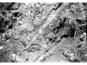 Gigantic crystals of Spodumene (1904) -- molds of two immense crystals (for size comparison see mine worker in center of right side of photo). Etta Mines -- Black Hills, Pennington County, South Dakota. Plate i-B in U.S. Geological Survey. Bulletin 610. 1916.