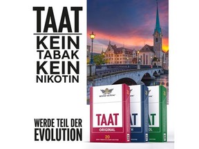 In the 2020s, tobacco advertisements are rarely seen in Western markets due to long-standing bans on advertising of tobacco products. While TAAT® currently benefits from its ability to advertise in markets such as the United States as a non-tobacco product, voters in Switzerland only recently approved legislation to ban tobacco advertising in public spaces. The Company is therefore planning to launch TAAT® in Switzerland to capitalize on this potential competitive advantage by using tactics such as displaying advertisements (provisional design shown above for illustrative purposes) in public areas that are commonly visited by adult smokers.