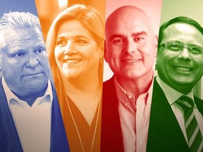 The four main Ontario provincial party leaders, from the left: PC leader Doug Ford, NDP's Andrea Horwath; Liberal leader Steven Del Duca and Green leader Mike Schreiner.