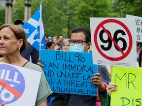 Anglophone opponents of Quebec's French-language law Bill 96 protest in downtown Montreal on May 26.