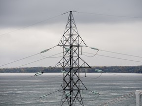 Power lines at the Hydro-Quebec Beauharnois hydroelectric generating station on the Saint Lawrence River in Beauharnois, Quebec.