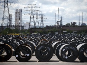 Steel coils at an ArcelorMittal steel plant yard in Hamilton, Ont.