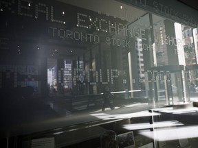 Signage for the Toronto Stock Exchange (TSX) is seen in the financial district of Toronto.