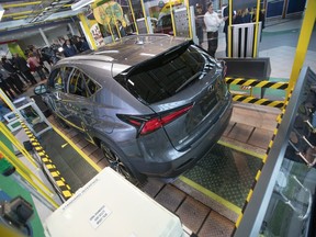 Statistics Canada says manufacturing sales rose 1.7 per cent to $72.3 billion in April, helped higher by gains in the petroleum and coal product, motor vehicle, and primary metal sectors. A Lexus NX300 is shown in the Visitor Centre following an announcement at the Toyota Motor Manufacturing Canada´s plant in Cambridge Ont., Monday, April 29, 2019.