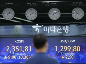 A currency trader walks by the screens showing the Korea Composite Stock Price Index (KOSPI), left, and the foreign exchange rate between U.S. dollar and South Korean won at a foreign exchange dealing room in Seoul, South Korea, Thursday, June 23, 2022.