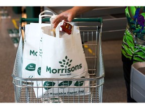 A bag of groceries at a Morrisons supermarket.