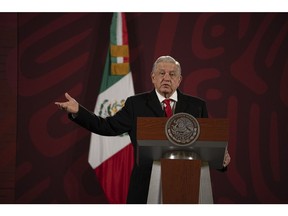 Andres Manuel Lopez Obrador, Mexico's president, speaks during a news conference at the National Palace in Mexico City, Mexico, on Wednesday, Jan. 19, 2022. Hospital occupancy rates are shooting up fast in Mexico City as omicron, the highly contagious Covid-19 variant, tears through the country, setting new daily records for infections.