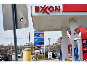 Fuel prices at an Exxon gas station in Lyndhurst, New Jersey, U.S., on Sunday, March 13, 2022. The cost for a gallon of gas in the U.S. continues to reach all-time highs, as the national average jumped nearly 7 cents last week. Photographer: Gabby Jones/Bloomberg