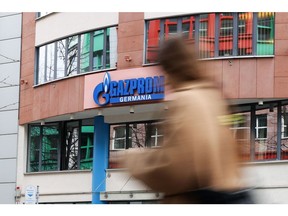 Signage for Gazprom Germania Gmbh at the building that houses the company's corporate headquarters in Berlin.