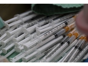 Doses of Moderna Covid-19 vaccine shots at a vaccination facility set up at Taipei Main Station in Taipei, Taiwan, on Saturday, April 16, 2022. Taiwan reported a record number of Covid cases as multiple outbreaks across several cities overwhelmed health authorities efforts to contain the virus.