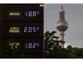 Fuel prices listed on a totem sign at a gas station in Berlin, Germany, on Wednesday, June 1, 2022. To reduce its heavy reliance on Russian gas and oil after Russia's invasion of Ukraine, Germany has slashed the cost of public transit to just 9 euros ($9.56) a month -- from today for the summer -- for all subways, buses, trams and regional trains.