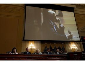 Former Vice President Mike Pence displayed on a screen during a hearing of the Select Committee to Investigate the January 6th Attack on the US Capitol in Washington, D.C., US, on Thursday, June 16, 2022. The committee investigating the 2021 insurrection of the US Capitol is focusing on Donald Trump's efforts to pressure then-Vice President Pence into using his role as the Senate's presiding officer to block congressional certification of Joe Biden's presidential election win.