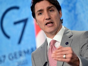 Canada's Prime Minister Justin Trudeau gives a press statement at Elmau Castle, southern Germany, at the end of the G7 Summit on Tuesday.