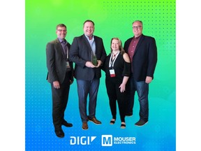 Representatives from Mouser Electronics and DIGI International pose with the NPI Distributor of the Year trophy. From left: Mouser's Russell Rasor and Gehrig Castles and DIGI's Diane Laegeler and Martin Chalmers.