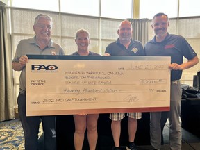 PAO President Mark Baxter presents the cheque to Phil Ralph of Wounded Warriors Canada, Laura Kloosterman of Badge of Life Canada and Dave MacLennan of Boots On The Ground.