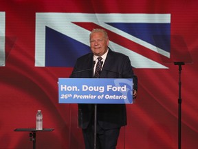 Ontario Premier Doug Ford speaks to the media the day after the winning a majority in the 2022 election.