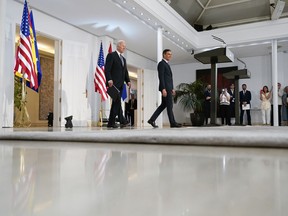 President Joe Biden and Spain's Prime Minister Pedro Sanchez arrive to speak at the Palace of Moncloa in Madrid, Tuesday, June 28, 2022. Biden will also be attending the North Atlantic Treaty Organization summit in Madrid.