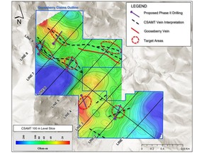 CSAMT Survey 100 m level slice highlighting the past-producing Gooseberry vein (red) and three additional interpreted vein swarms (black dashes), with initial Phase II proposed drill traces.