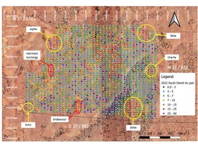 Au (ppb) dispersion in the South Darlot Gold Project with known mineralised deposits and areas of interest highlighted from soil sampling campaign.
