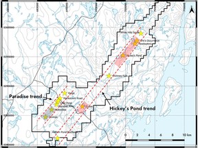 Plan map of Hickey's Pond - Paradise Gold Project. Thick black outline shows the property boundaries. The yellow stars show the locations of known showings on the Property. The areas outlined in red show the focus of the summer 2022 drill program, and the area outlined in grey blue has been identified for drilling winter 2022/2023. (Map datum: NAD83, Projection: UTM zone 21)