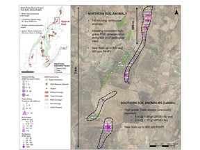 Figure 1: Plan map of Galante East, highlighting the high-priority mineralized zones, previously reported Trado® auger assays, and follow-up trenches.