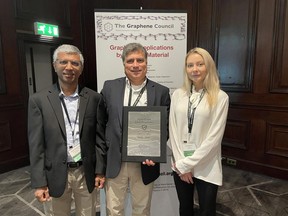 HydroGraph CEO, Stuart Jara is joined by CSO, Dr. Ranjith Divigalpitiya and President, Kjirstin Breure in Birmingham, UK, on Tuesday as they accept the Graphene Council's Verified Graphene Producer® Certification. HydroGraph is the first company in the Americas to receive this certification.