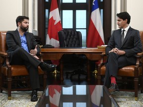Prime Minister Justin Trudeau meets with President of the Republic of Chile Gabriel Boric in his West Block office on Parliament Hill in Ottawa, on Monday, June 6, 2022.