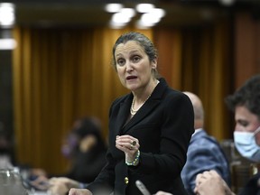 Minister of Finance Chrystia Freeland rises during Question Period in the House of Commons on Parliament Hill in Ottawa on Monday, June 13, 2022. Freeland is scheduled to deliver a keynote address about the Canadian economy in downtown Toronto this afternoon.