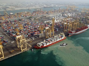 An aerial view of the Jebel Ali port, a harbour with sixty-seven berths south of Dubai, the world's largest manmade port.