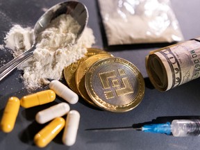 Representations of cryptocurrency exchange Binance and hard drugs.