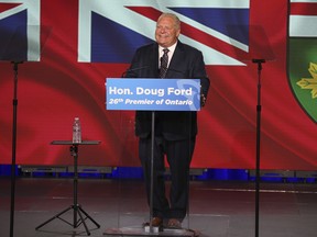 Ontario Premier Doug Ford speaks to the media the day after the winning a majority during the 2022 election at the Toronto Congress Centre on June 3, 2022.