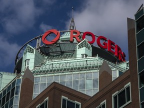 Rogers Communications signage at Bloor Street East and Ted Rogers Way in Toronto.