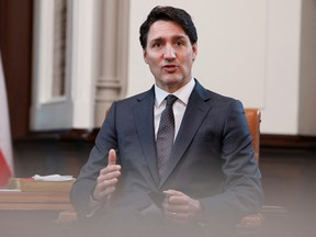 Prime Minister Justin Trudeau speaks during a meeting in his office on Parliament Hill in Ottawa.